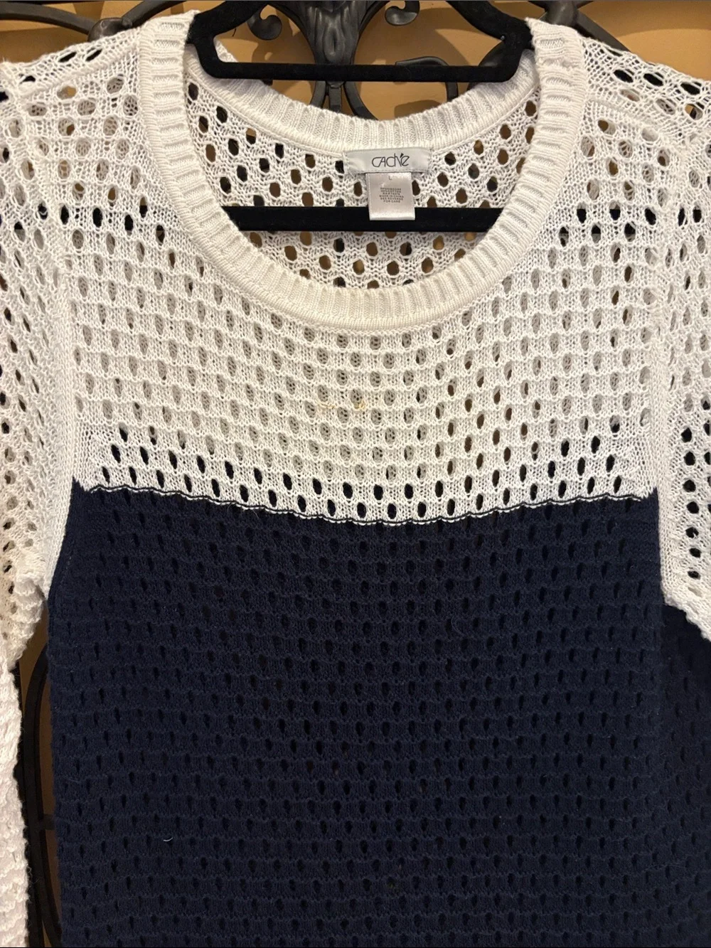 Cache Navy and White Open-Knit Crewneck Sweater